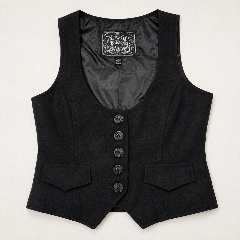 Last Kiss Black Wool Blend Fitted Vest L Y2K Dark Academia Waistcoat 10029LK12 - Picture 2 of 6